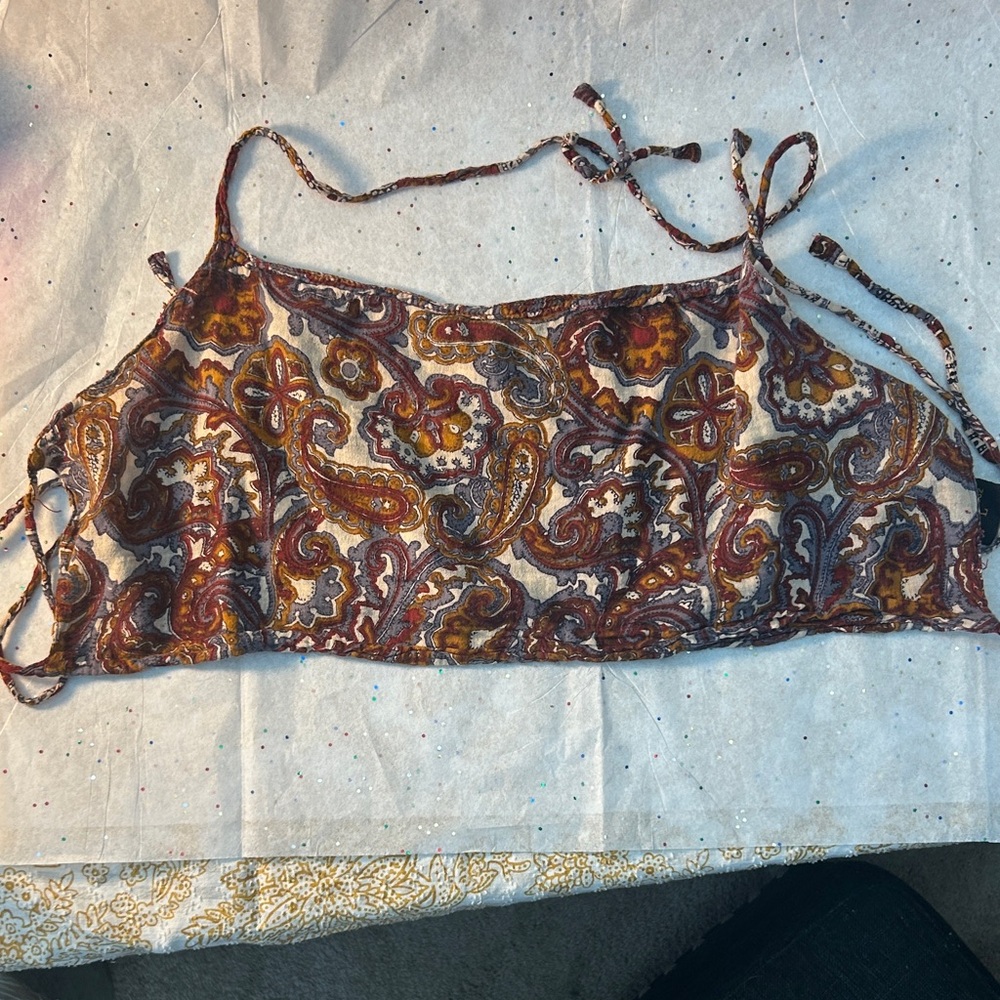 Paisley Print Tie-Strap Crop Top in Multi Brown